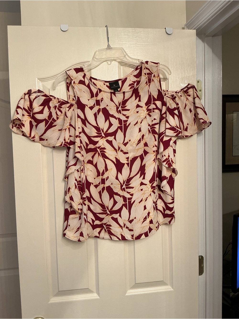 Worthington Cold-Shoulder Floral Blouse in Burgundy and Cream